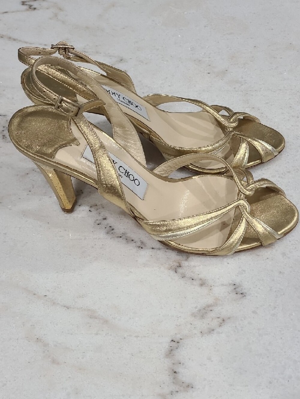 Jimmy Choo Metallic Gold Strappy Slingback Heels 3.5" Heel - Picture 7 of 9